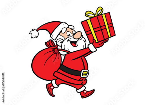 Drawing of cartoon Santa Claus carrying sack with presents and giving gift box, Can be used for topics like Christmas, holiday, festival, cartoon, Merry Christmas, Santa Clause vector illustration