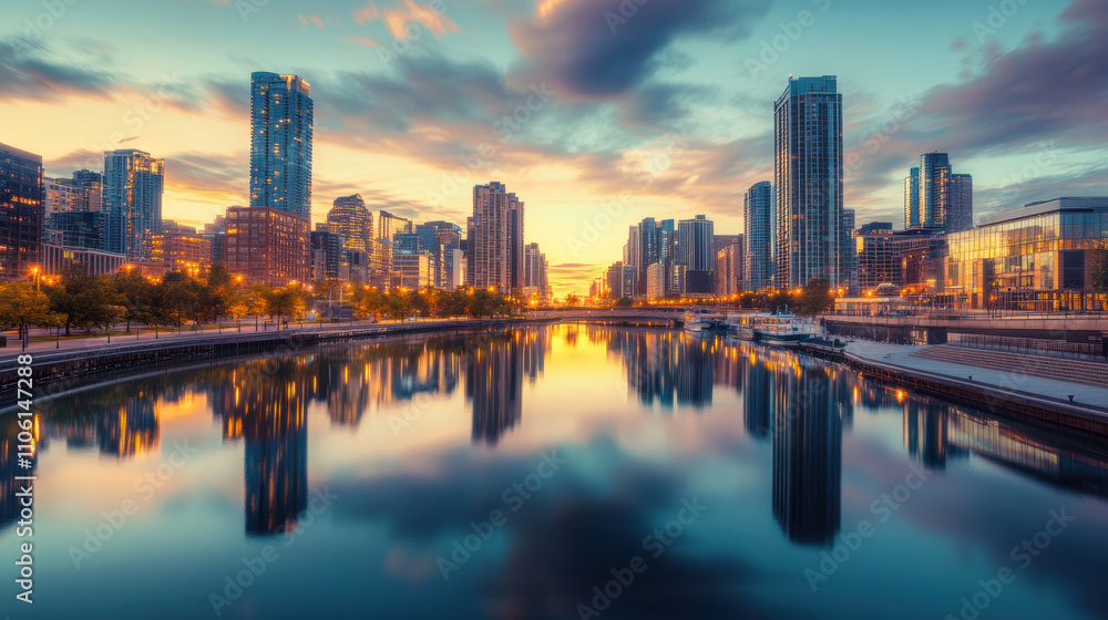 vibrant cityscape during golden hour reflects beautifully on calm water, showcasing modern skyscrapers and serene atmosphere vibrant cityscape during golden hour reflects beautifully on calm water, showcasing modern skyscrapers and serene atmosphere