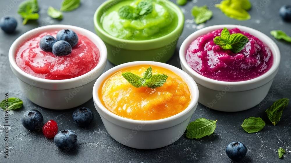 Four colorful fruit purees in bowls, garnished with fresh mint and berries. Four colorful fruit purees in bowls, garnished with fresh mint and berries.