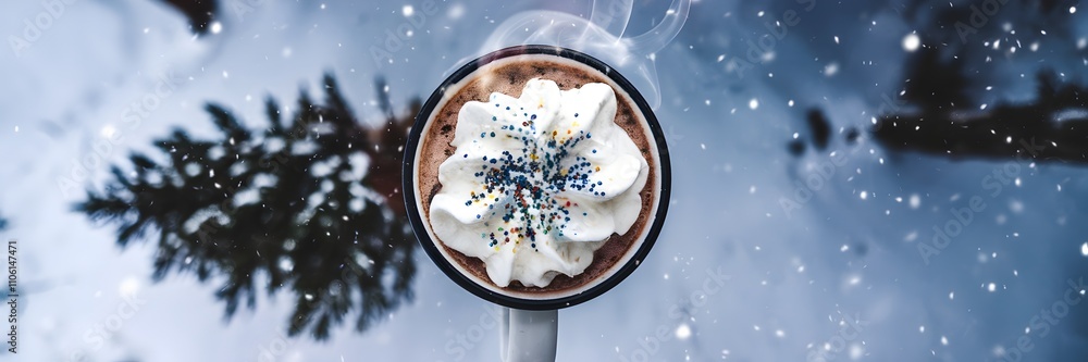 Fototapeta premium Whipped cream galaxy cocoa with falling snow in a snowy forest scene