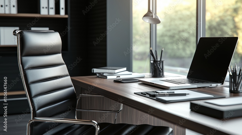 A sleek black leather office features a wooden desk, ergonomic chair, and organized supplies, fostering productivity.