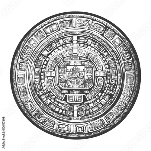 Black And White Illustration Of A Mayan Calendar