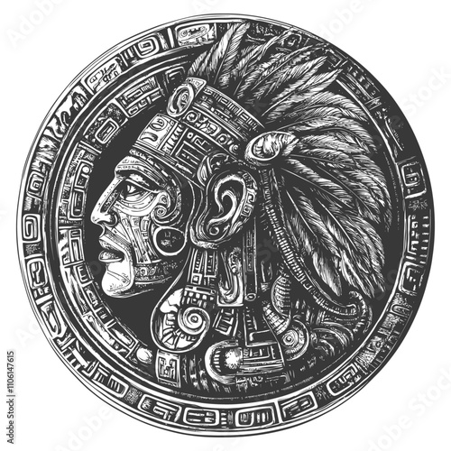 Black And White Illustration Of A Mayan Head With Feathers