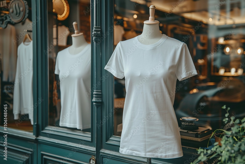 A blank white t-shirt is showcased on a mannequin outside a boutique. The shop features large windows reflecting the urban environment, creating a welcoming atmosphere A blank white t-shirt is showcased on a mannequin outside a boutique. The shop features large windows reflecting the urban environment, creating a welcoming atmosphere
