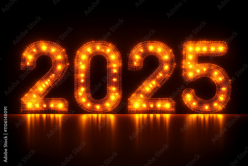 Bright and glowing numbers 2025 in low poly style, illuminated with orange lights against dark background, creating festive and modern atmosphere Bright and glowing numbers 2025 in low poly style, illuminated with orange lights against dark background, creating festive and modern atmosphere