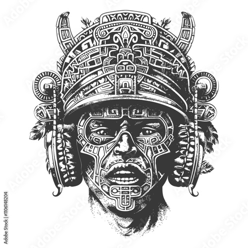 Black And White Illustration Of A Person With Intricate Headwear