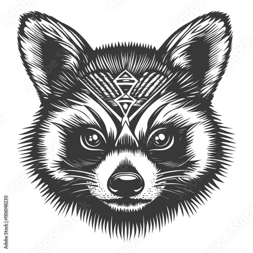 Black And White Illustration Of A Raccoons Face With A Geometric Design On Its Forehead
