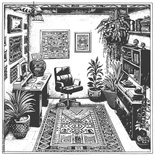 Black And White Illustration Of A Room With A Desk And An Office Chair