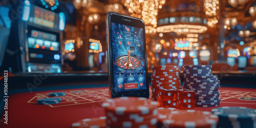 Mobile phone displaying online casino game with colorful chips and dice. vibrant casino environment features bright lights and slot machines, creating exciting atmosphere
