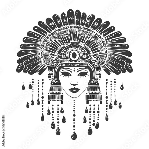 Black And White Illustration Of A Woman Wearing A Ceremonial Headpiece