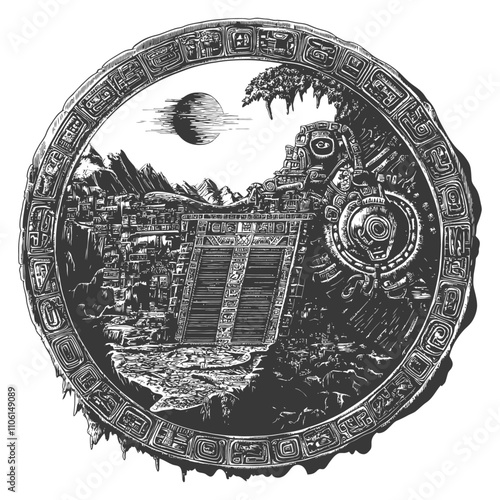 Black And White Illustration Of An Ancient Mayan City Within A Circular Frame