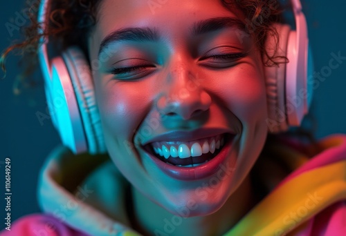 A young woman with curly hair beams with joy, wearing oversized headphones that envelop her ears, lost in the rhythm of her favorite tunes. The vibrant blue and pink lighting accentuates her radiant photo