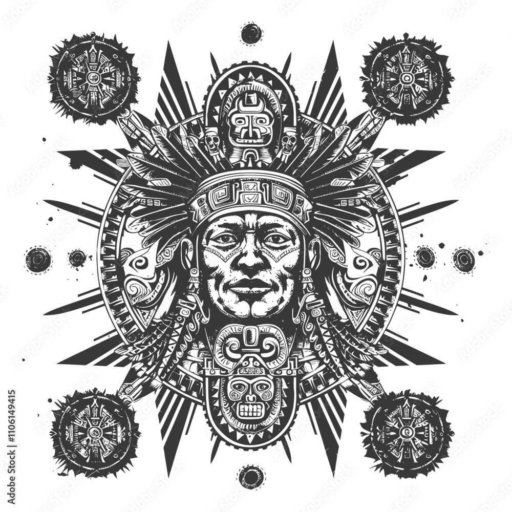 Fototapeta premium Black And White Illustration Of An Indigenous Person With Traditional Headwear Geometric Patterns