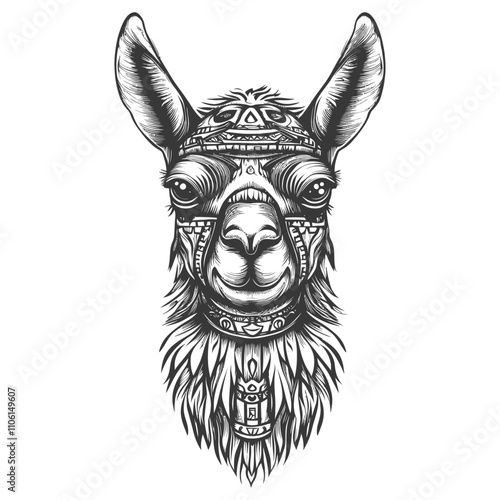 Black And White Illustration Of Llama Head With Tribal Pattern