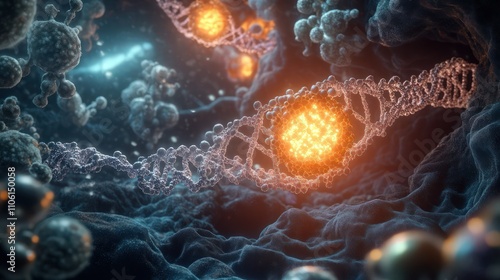 A cross-section of a human cell focusing on the chromatin structure, with DNA strands coiling around histone proteins, forming a complex molecular lattice.  photo