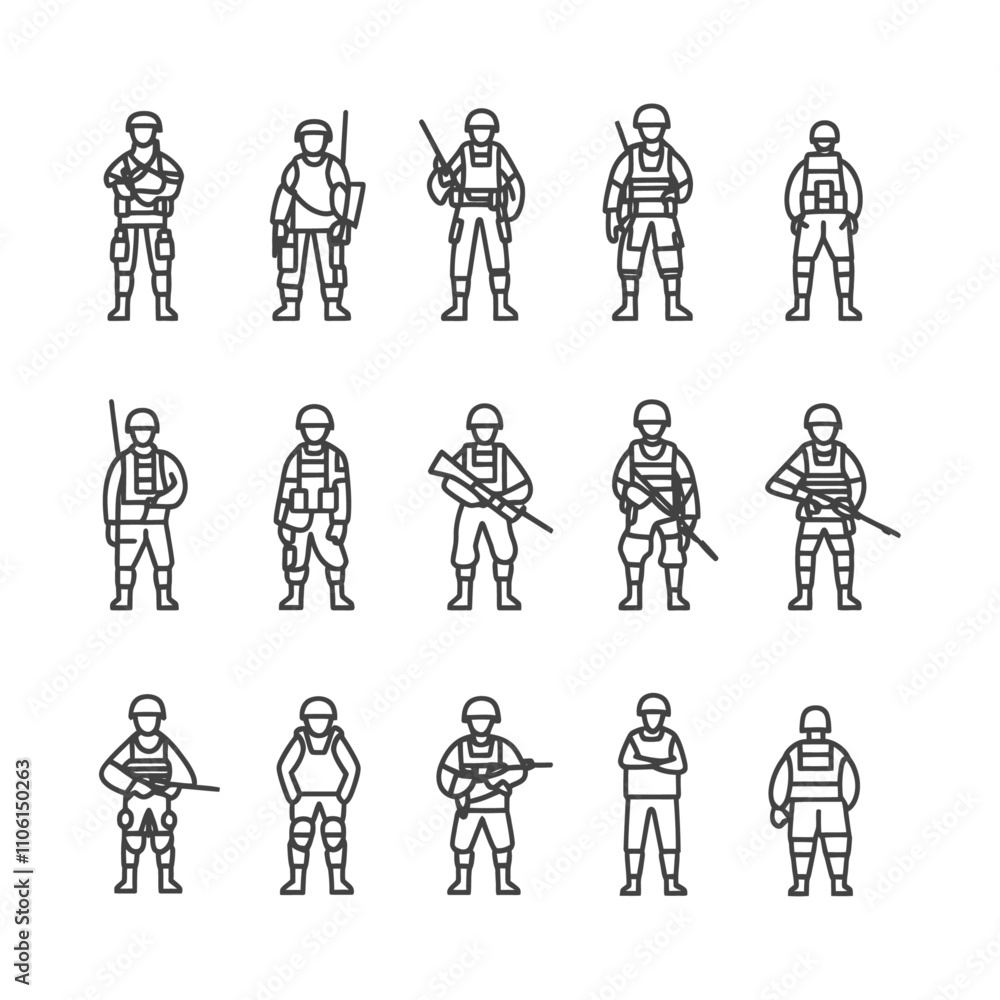 Line Art Illustration Of Soldiers In Various Poses And Gear Line Art Illustration Of Soldiers In Various Poses And Gear