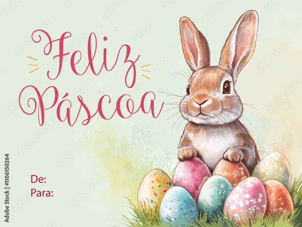 Cartão de Feliz Páscoa com Mensagem em Aquarela Coelho da Páscoa