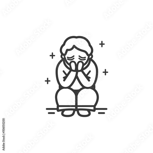 Line Art Illustration Of A Person Sitting With Their Head Down And Hands Covering Their Face