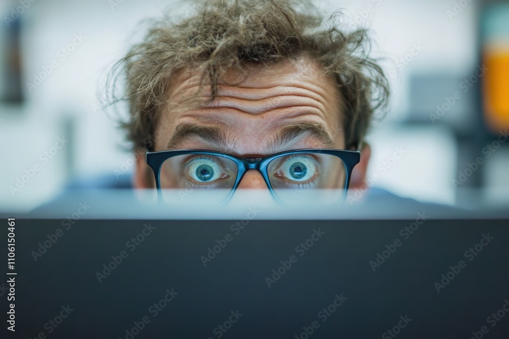 Staring At Computer - Office Worker Focused on Computer Screen in Office Environment Staring At Computer - Office Worker Focused on Computer Screen in Office Environment