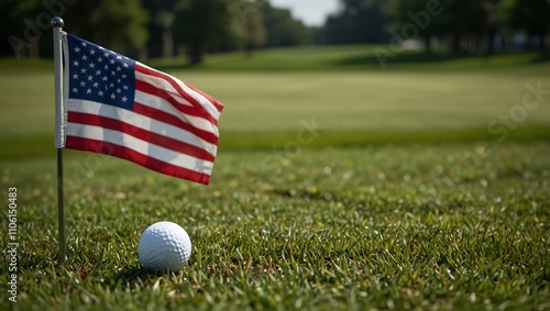 Golf ball close to the flag on a lush green course.
