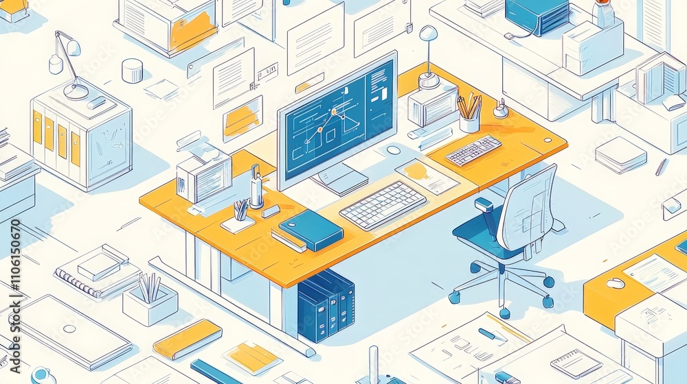 Isometric Illustration of a Modern Office Workspace with Desk, Computer, Chair, and Office Supplies Isometric Illustration of a Modern Office Workspace with Desk, Computer, Chair, and Office Supplies
