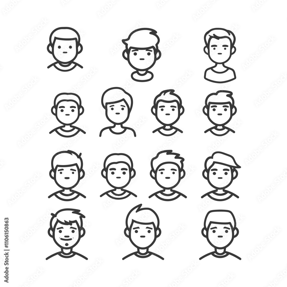 Line Art Illustrations Of Male Faces With Different Hairstyles Line Art Illustrations Of Male Faces With Different Hairstyles