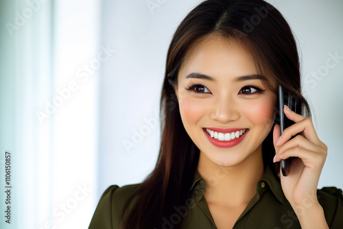 Smiling Asian businesswoman in a green blouse, making a client call on her mobile phone in a contemporary office setting. Copy space.