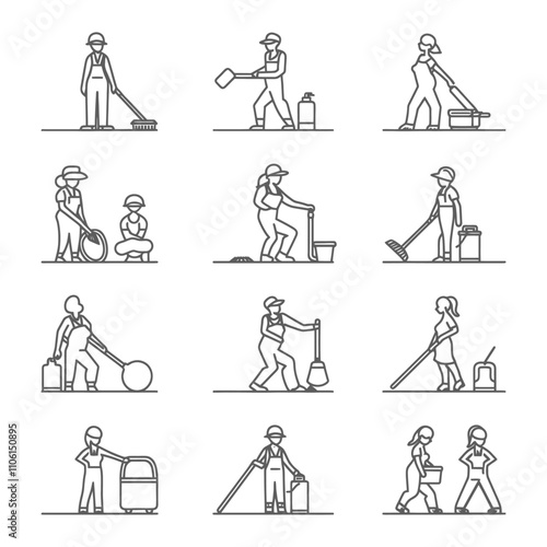 Line Art Illustrations Of People Cleaning With Various Tools