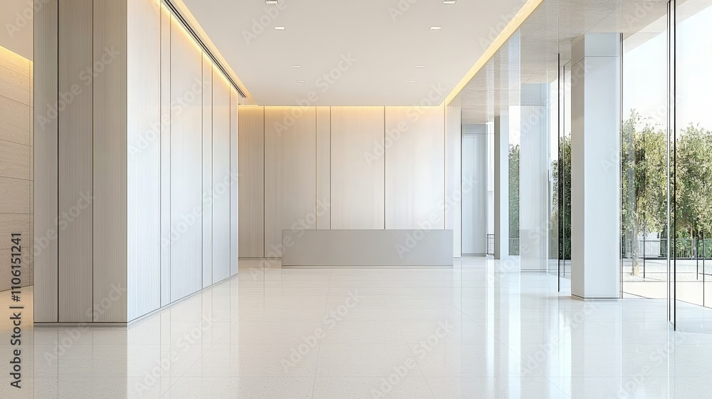 Modern minimalist office lobby with greenery view. Modern minimalist office lobby with greenery view.