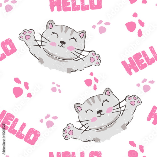 Seamless hand drawn vector kitten pattern with cute smiling cats and positive greetings Hello