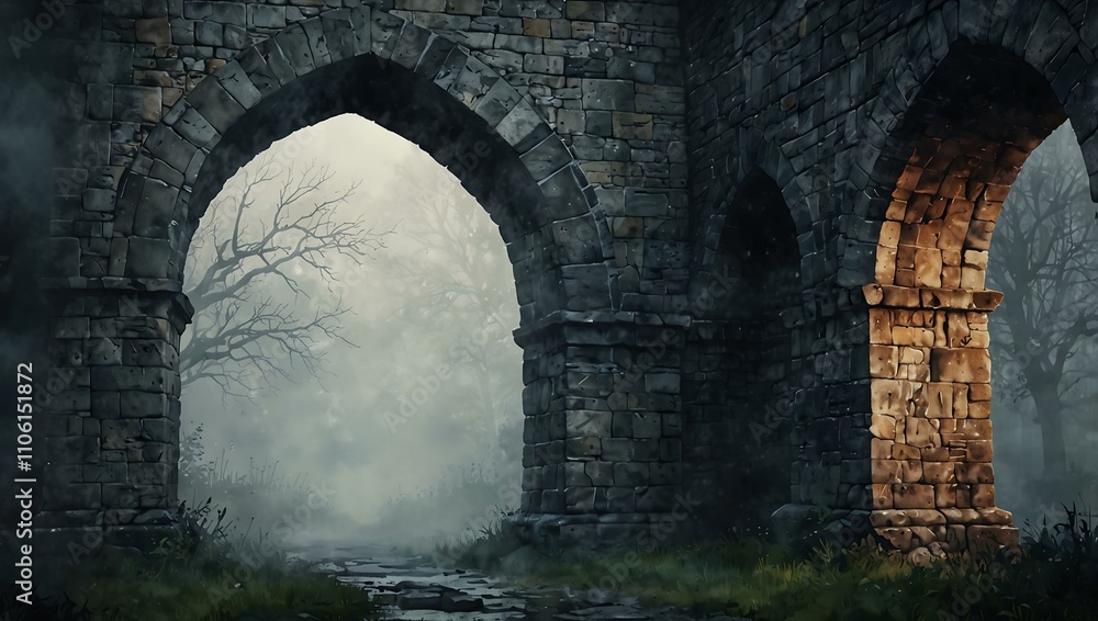 Gothic stone arch leading into dense fog, watercolor style. Gothic stone arch leading into dense fog, watercolor style.