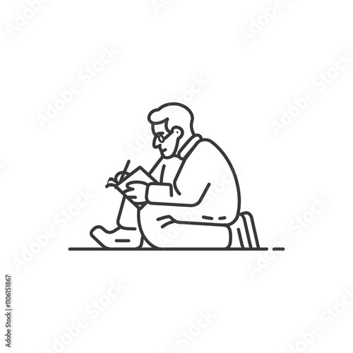 Line Drawing Of A Man Sitting And Writing In A Notebook