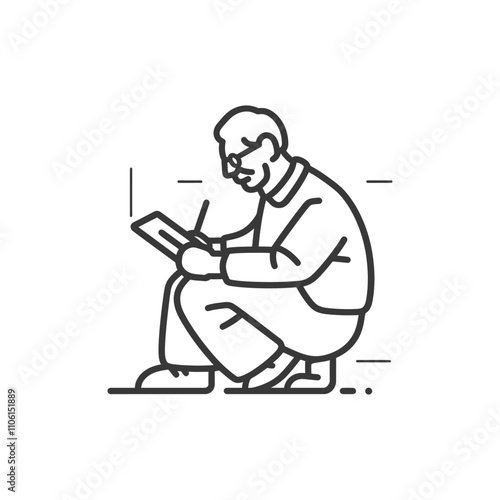 Line Drawing Of A Man Squatting And Writing On A Tablet