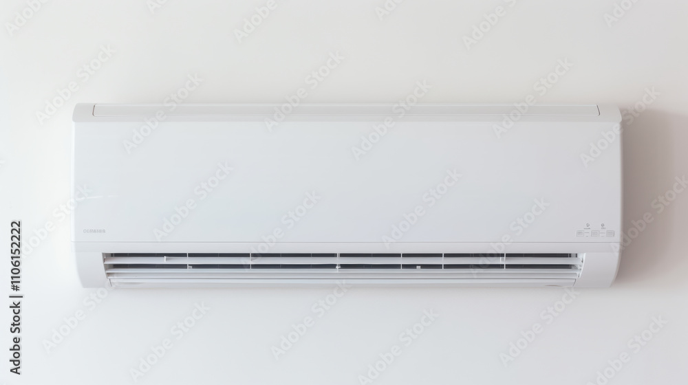 clean, shiny air conditioner mounted on white wall, providing efficient cooling for comfortable indoor environment clean, shiny air conditioner mounted on white wall, providing efficient cooling for comfortable indoor environment