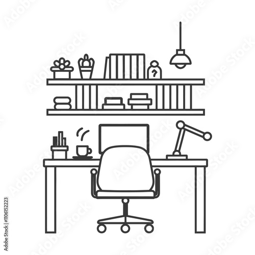 Line Drawing Of A Modern Home Office Desk With A Chair A Computer And A Lamp