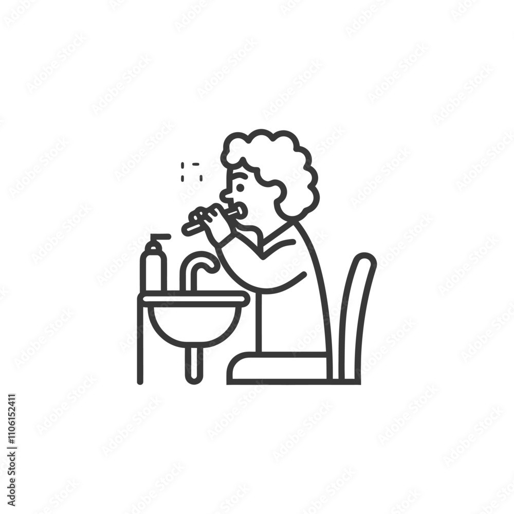 Line Drawing Of A Person Brushing Their Teeth In The Bathroom