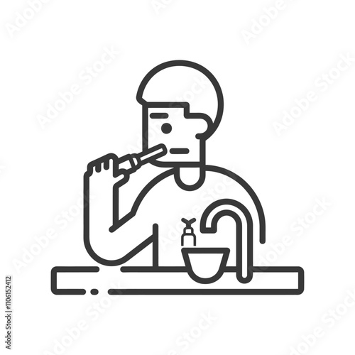 Line Drawing Of A Person Brushing Their Teeth In A Bathroom