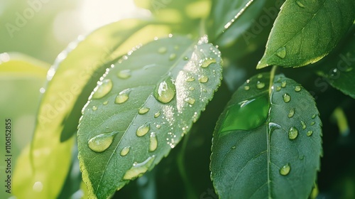 A close-up of fresh green leaves with water droplets glistening under sunlight, featuring an organic texture and a subtle green abstract arrow blending into the natural pattern. photo