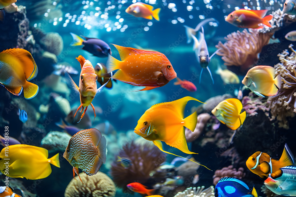 Fototapeta premium Underwater Symphony: An Artistically Illuminated Tropical Fish Aquarium Showcasing Quality Care