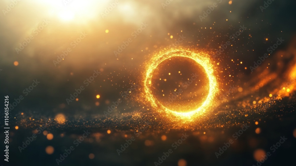 Fiery Ring of Light: Abstract Golden Circle in a Dark, Glowing Landscape Fiery Ring of Light: Abstract Golden Circle in a Dark, Glowing Landscape