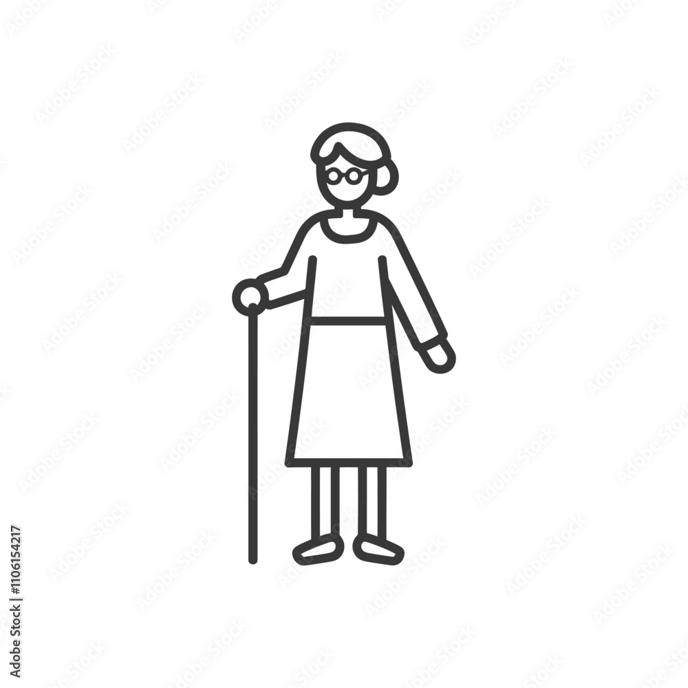Line Drawing Of A Senior Woman With Glasses And A Walking Stick Line Drawing Of A Senior Woman With Glasses And A Walking Stick