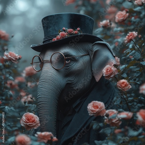 Here's a description and keywords suitable for a stock photo site.. Elegant elephant in top hat amidst blooming roses. photo