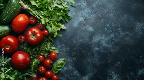 Fresh red tomatoes, zucchini, and leafy greens arranged on a dark background, leaving copy space.