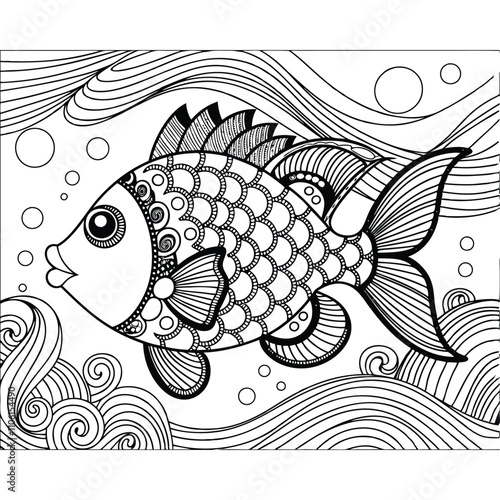A line art coloring book page fish vector art illustration on white background.