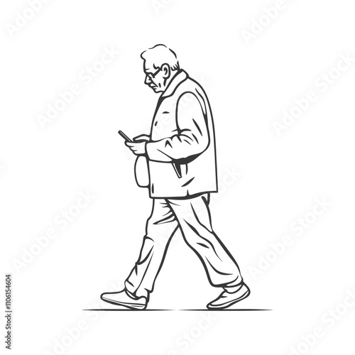 Line Drawing Of An Elderly Man Walking And Using A Phone