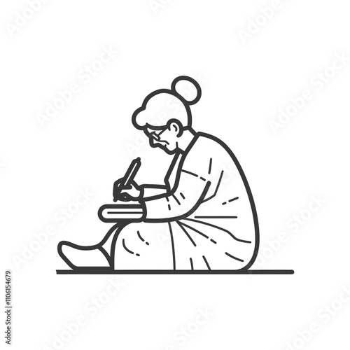 Line Drawing Of An Elderly Woman Writing