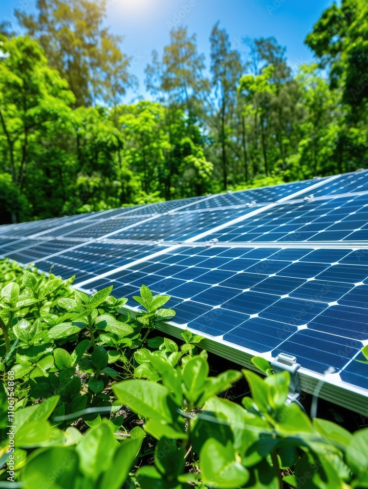 Fototapeta premium A vibrant solar panel installation surrounded by lush greenery, highlighting renewable energy in a natural setting.