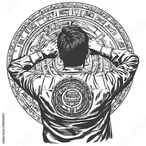 Man Encircled By A Detailed Circular Design Possibly A Manhole Cover