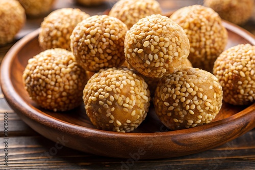 Close-up of Til Ladoo (Sesame Laddu), an Indian traditional sweet made from sesame seeds and jaggery, served in a wooden bowl. The perfect blend of nutty flavor and natural sweetness.