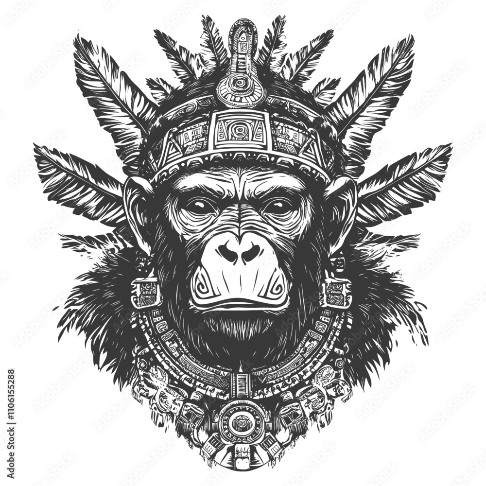 Obraz premium Monkey Head With Tribal Feathers And Ornaments